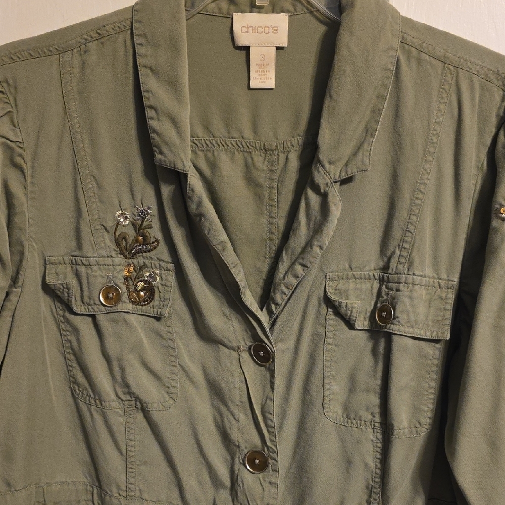 Chico's Olive Embroidered Utility Jacket - Picture 3 of 12